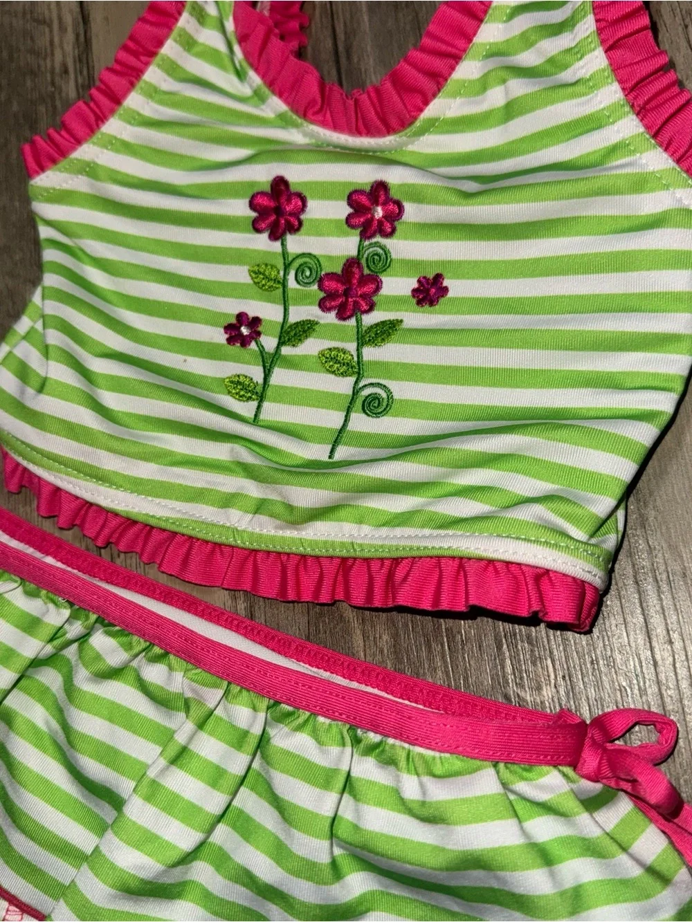 Penelope Mack Green and Pink Striped Girls Two-Piece Swim Set